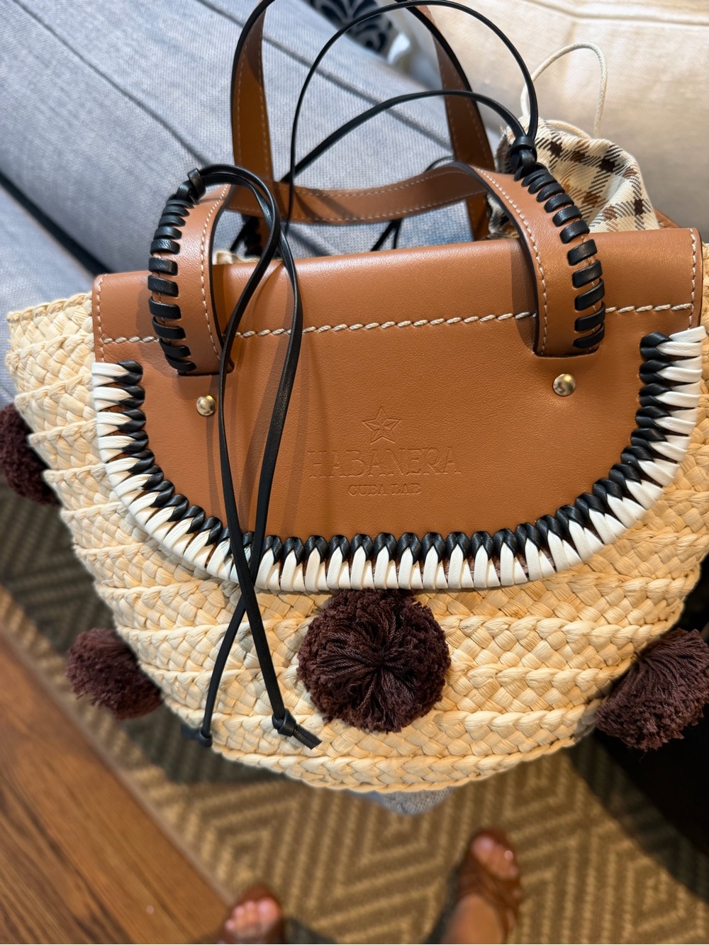 Cuba*Lab habanera small tote - Straw Tote with Brown Leather Trim and pom poms